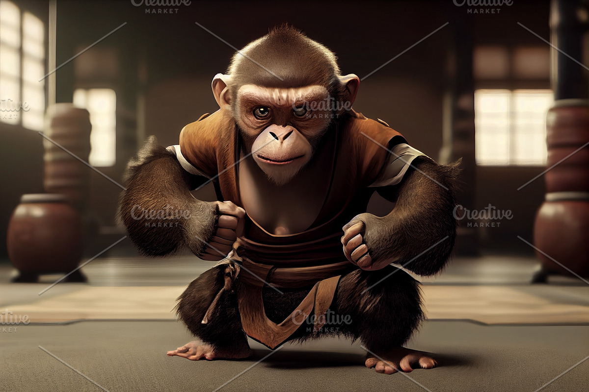 Monkey practicing kong fu and karate, a Technology Illustration by Olyryk & Aglo