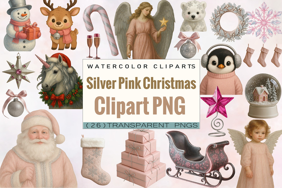 Silver Pink Christmas Clipart Bundle, an Illustration by SVGArt (Photo 1 of 8)
