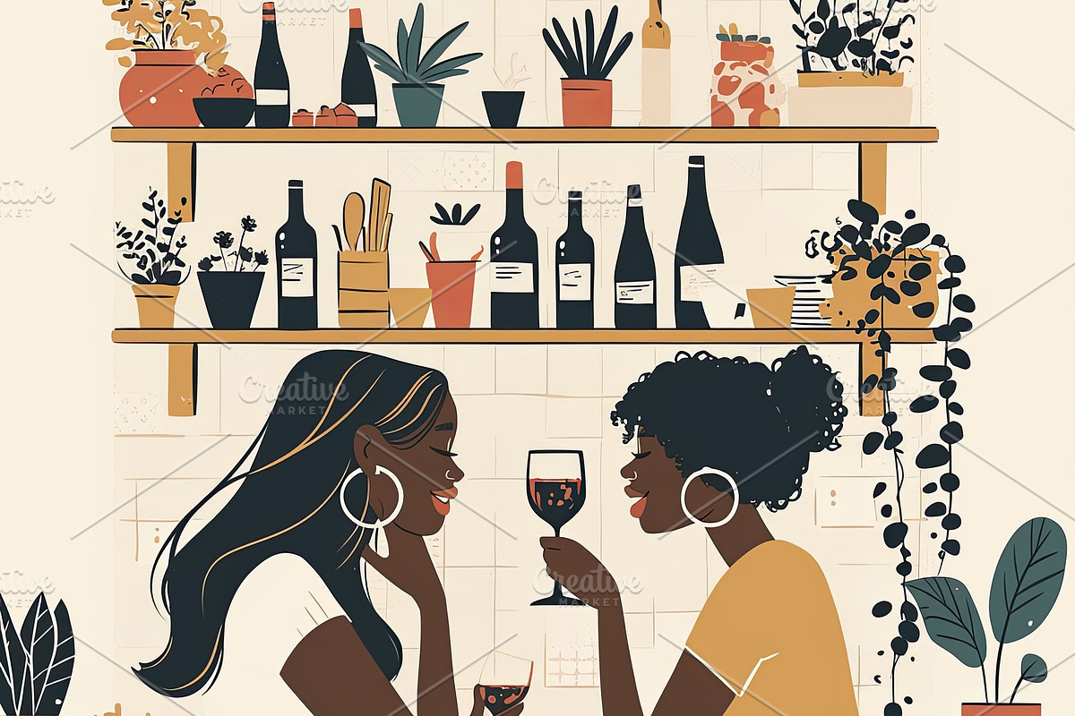 Two friends enjoying drinks together in a cozy and stylish urban space, an Illustration by AS photostudio