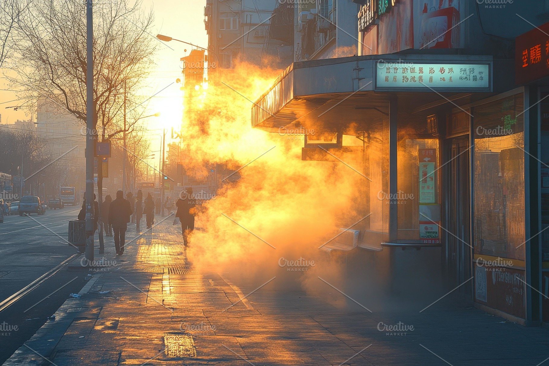 Steam rises from street vents as sun, a Photo by Tanuart