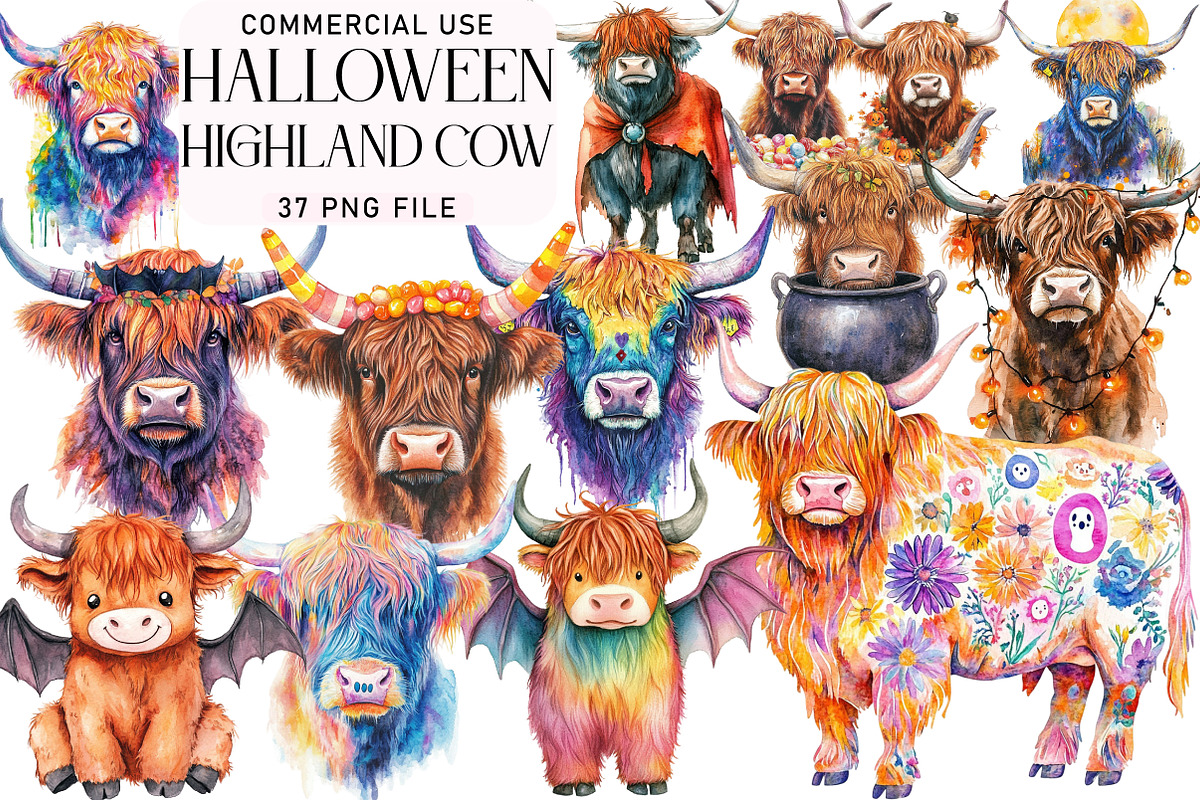 Halloween Highland Cow Clipart, an Illustration by Daily.Designs (Photo 1 of 3)