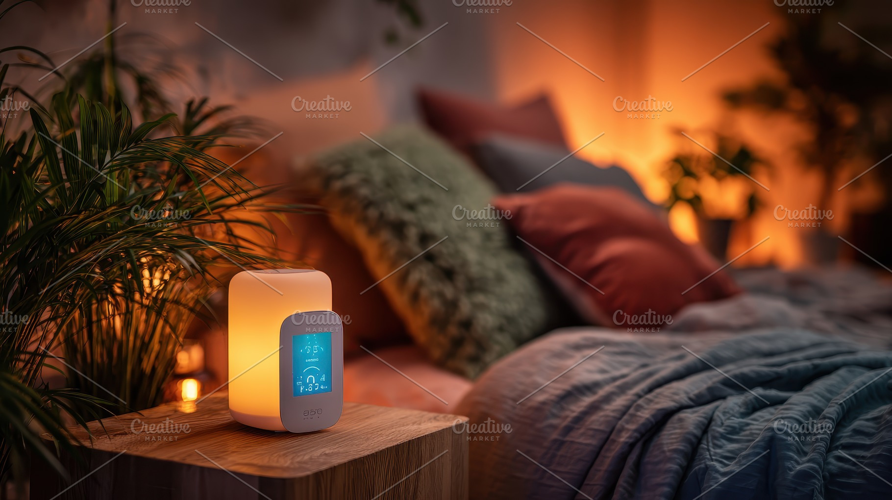 Smart bedside lamp illuminates cozy, a Photo by Pixeness Studio