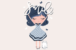 Cat And Girl Print-Smile Girl Vector