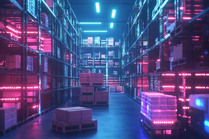 Warehouse filled with colorful light, a Photo by Tanuart