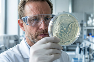Scientist examining a Petri dish wit, a Health & Medical Photo by angellodeco