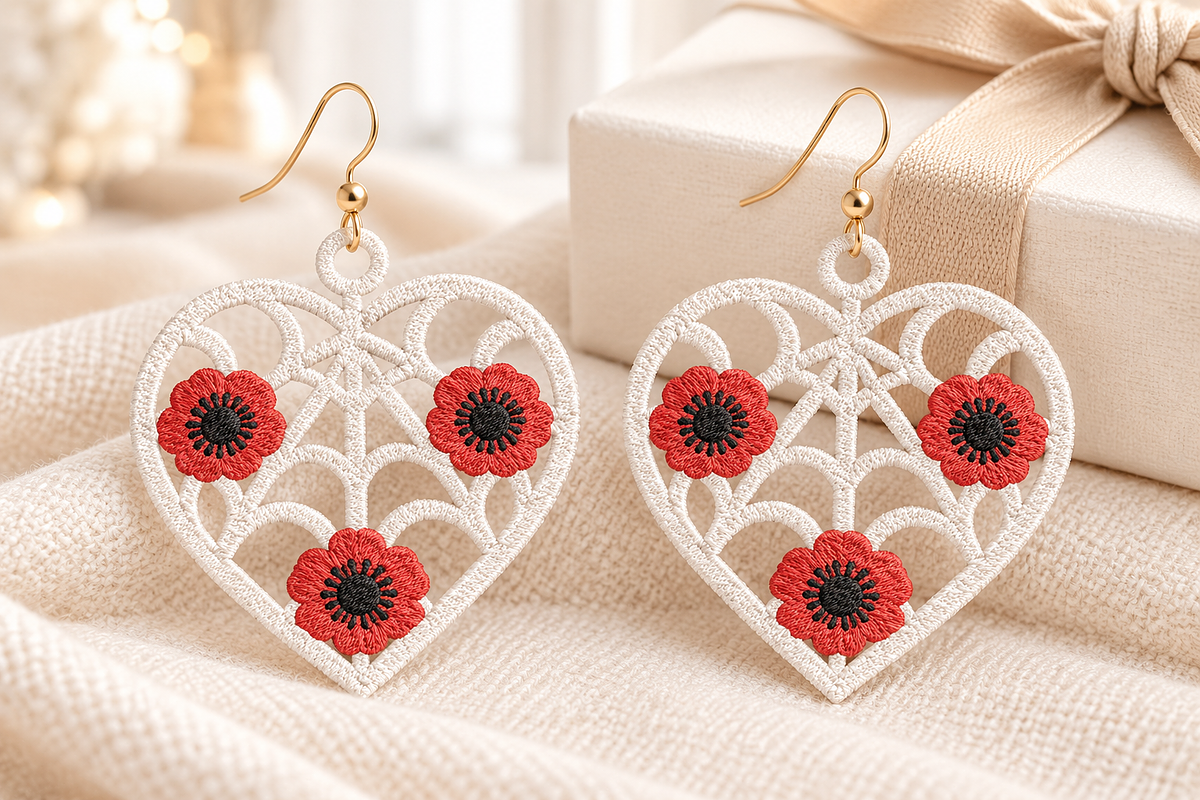 Flower Heart Earrings Embroidery, an Object Graphic by Craft Nest (Photo 2 of 4)