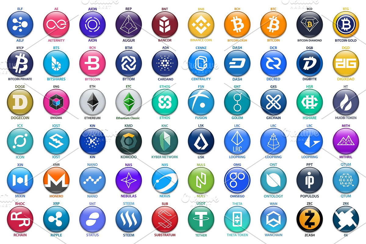 Set of 60 Cryptocurrency symbols, a Templates & Theme by Vector Shop