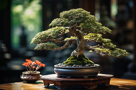 A beautifully crafted bonsai tree with intricate branches and lush green foliag, a Nature Photo by Textures & Backgrounds