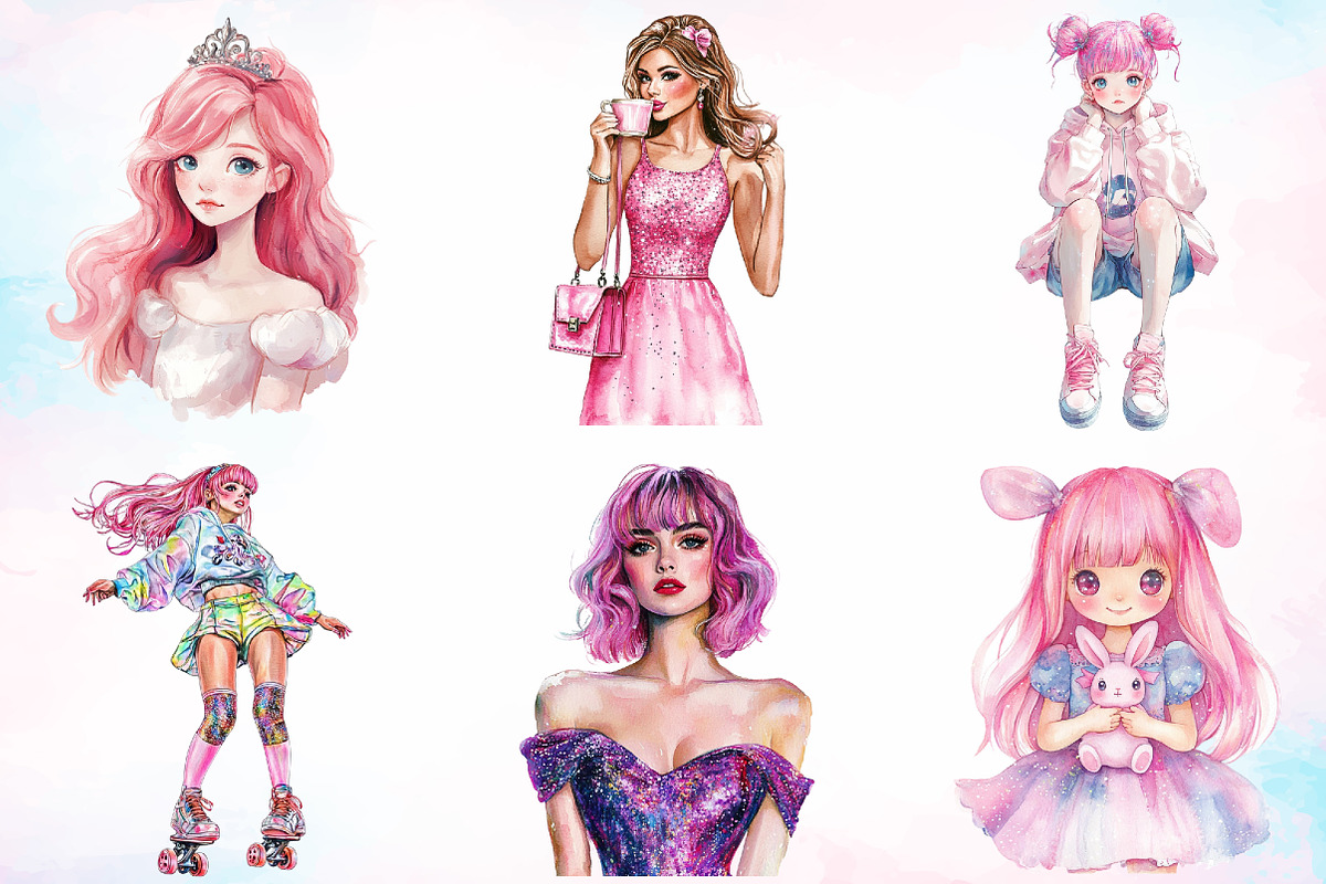 Watercolor Glitter Pink Girl Clipart, an Illustration by Canvas Craft (Photo 2 of 3)
