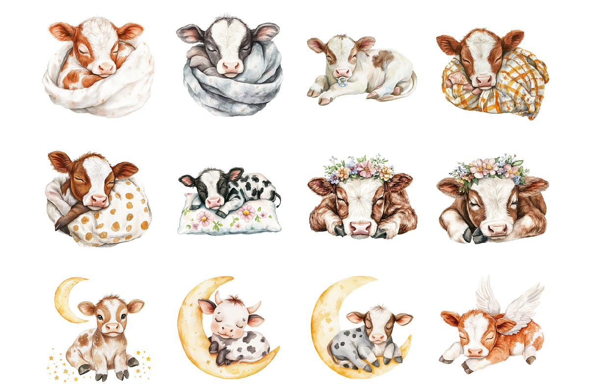Sleeping Baby Cow Clipart, an Illustration by Design Market (Photo 2 of 3)