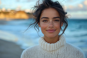 Smiling young woman with tousled hair and freckles wearing cozy, a Person Photo by José Manuel Gelpi