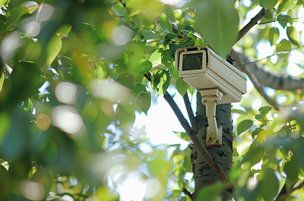 Modern public CCTV camera on blurred green park background, a Technology Photo by AlyaAnd