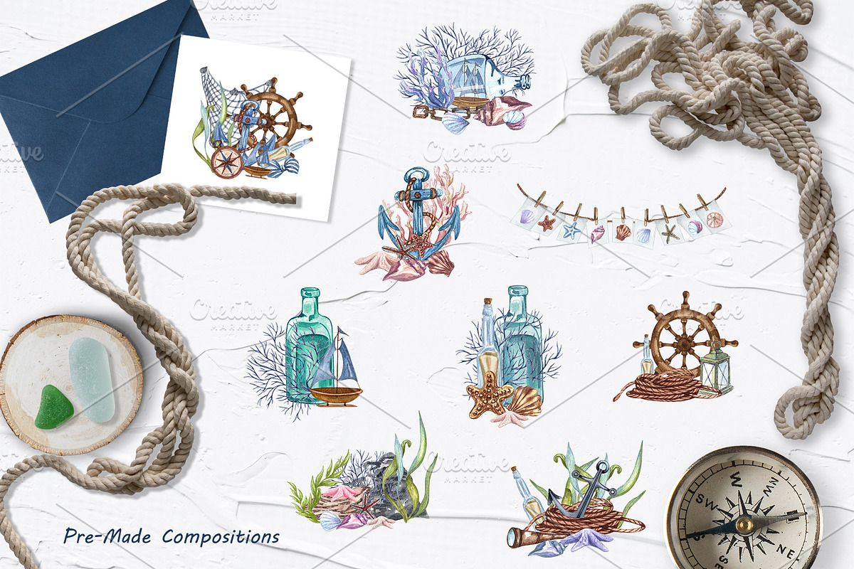 Nautical Seaside Watercolor Set, a Decorative Illustration by BarvArt (Photo 3 of 18)