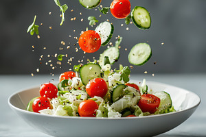 Fresh salad vegetables falling into, a Food & Drink Photo by Pixeness Studio