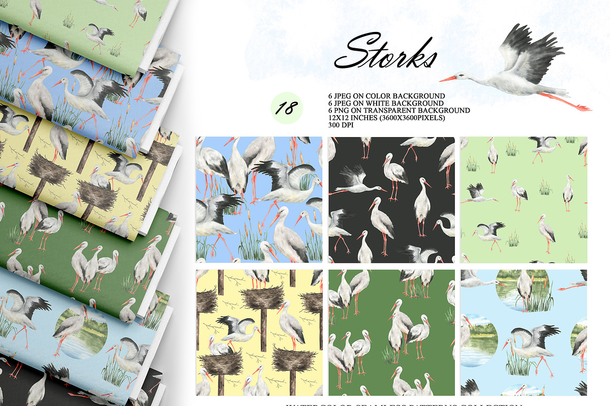 Watercolor Stork Seamless Patterns, an Animal Illustration by OlDm_Shop (Photo 1 of 10)