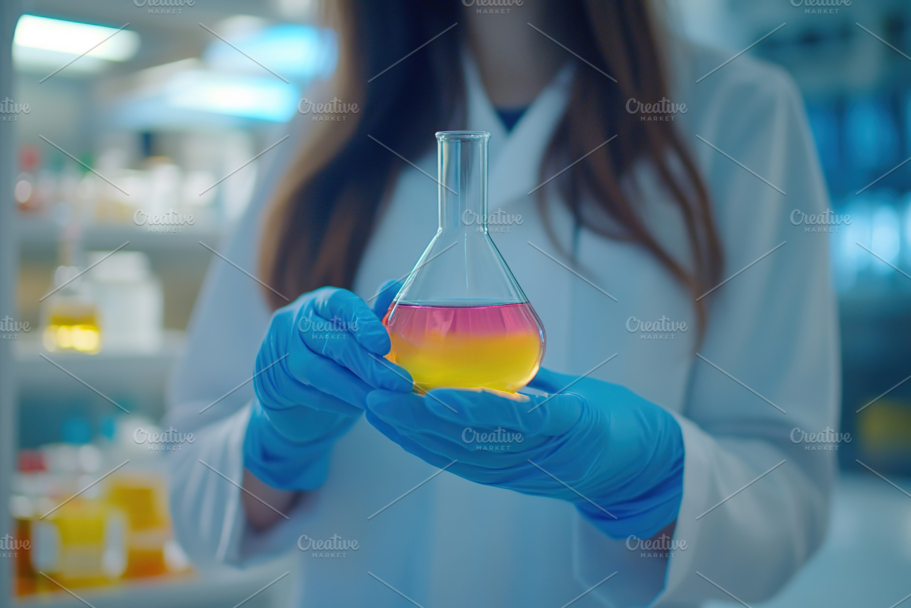 A girl wearing a white coat holds up a glass containing a vibran, a Photo by AlyaAnd