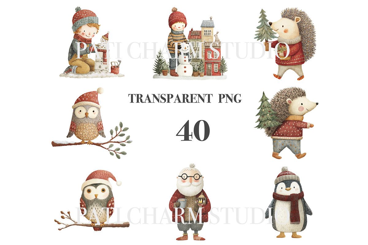 40 Christmas Village Clipart, a Decorative Illustration by Pati Charm Studio (Photo 3 of 8)