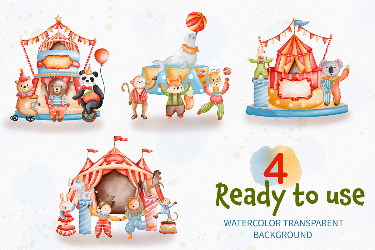 Watercolor Circus Clipart, Animals, an Animal Illustration by Apixsala (Photo 2 of 14)