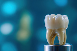 Big white tooth model on blue background, a Health & Medical Photo by AlyaAnd