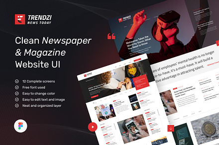 Clean Newspaper & Magazine Website, an UI Kit Template by peterdraw