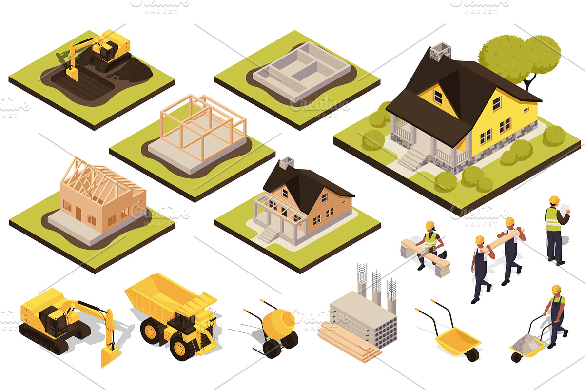 House Building Isometric Set, an Object Illustration by alexdndz