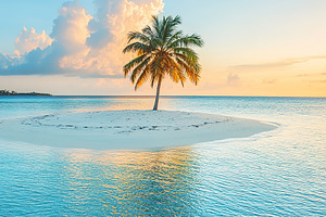 Serene island sunset with a lone palm tree in calm waters under the sky, a Nature Photo by AlyaAnd