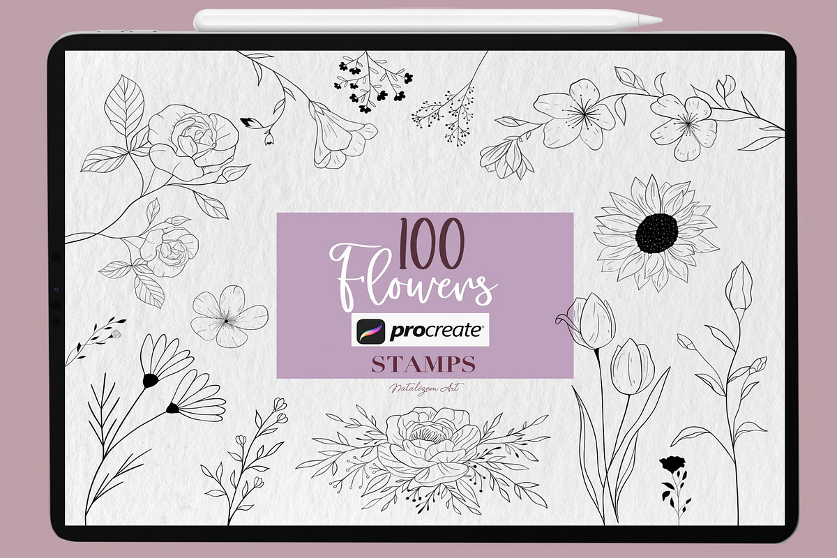 100 Flowers Procreate Stamps, a Brush Add-On by NataliArt (Photo 1 of 5)