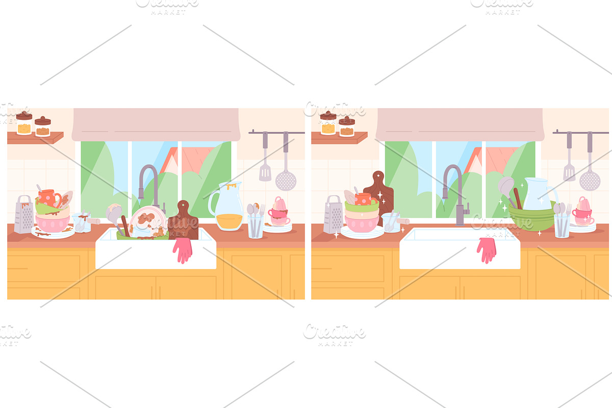 Wash dish in sink. Dirty and clean, an Object Illustration by LadadikArt