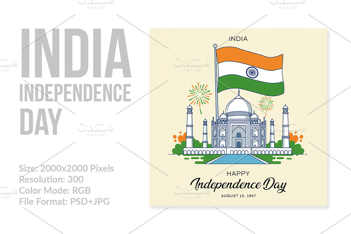 Taj Mahal India Day Line Art PSD, a Social Media Template by Walldecorated