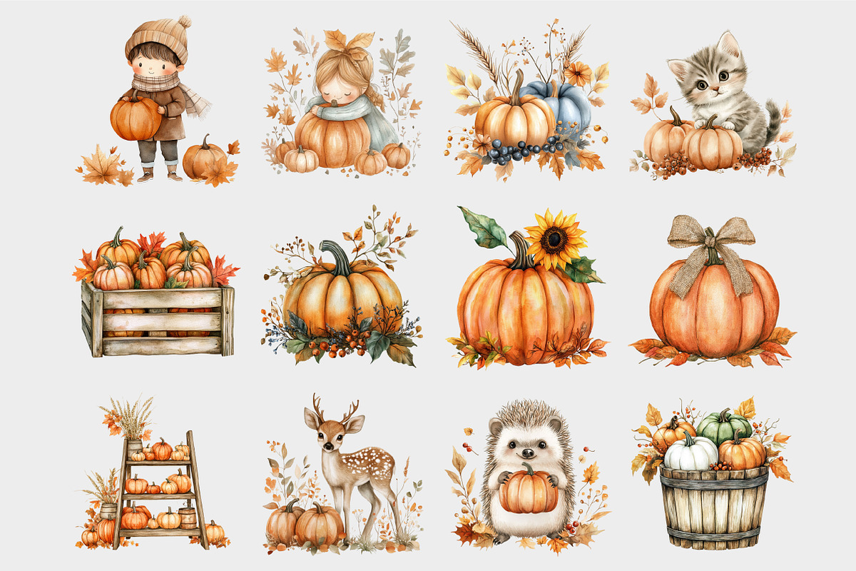 Watercolor Pumpkin Patch Clipart, a Seasonal Illustration by Design Market (Photo 5 of 5)