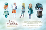 Watercolor Old School Clipart Set, a Seasonal Illustration by ArtCreationsDesign (Thumbnail 2 of 18)