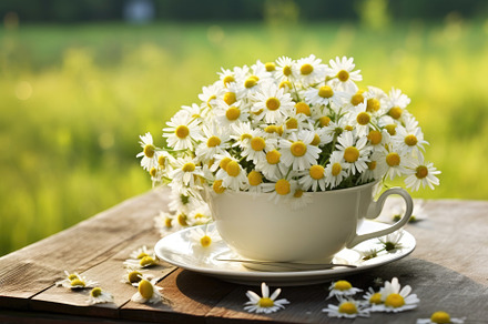 Beautiful chamomile flowers in cup o, a Photo by Iftikhar Alam