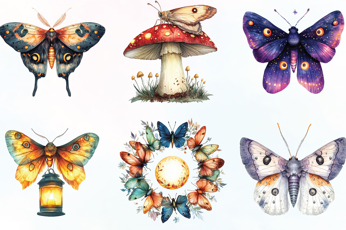 Watercolor Summer Night Moths, an Illustration by CraftArtStudio (Photo 2 of 6)
