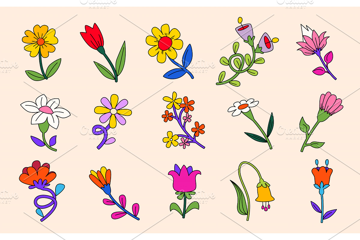 Colorful groovy flowers set with, an Object Illustration by art PVP - market