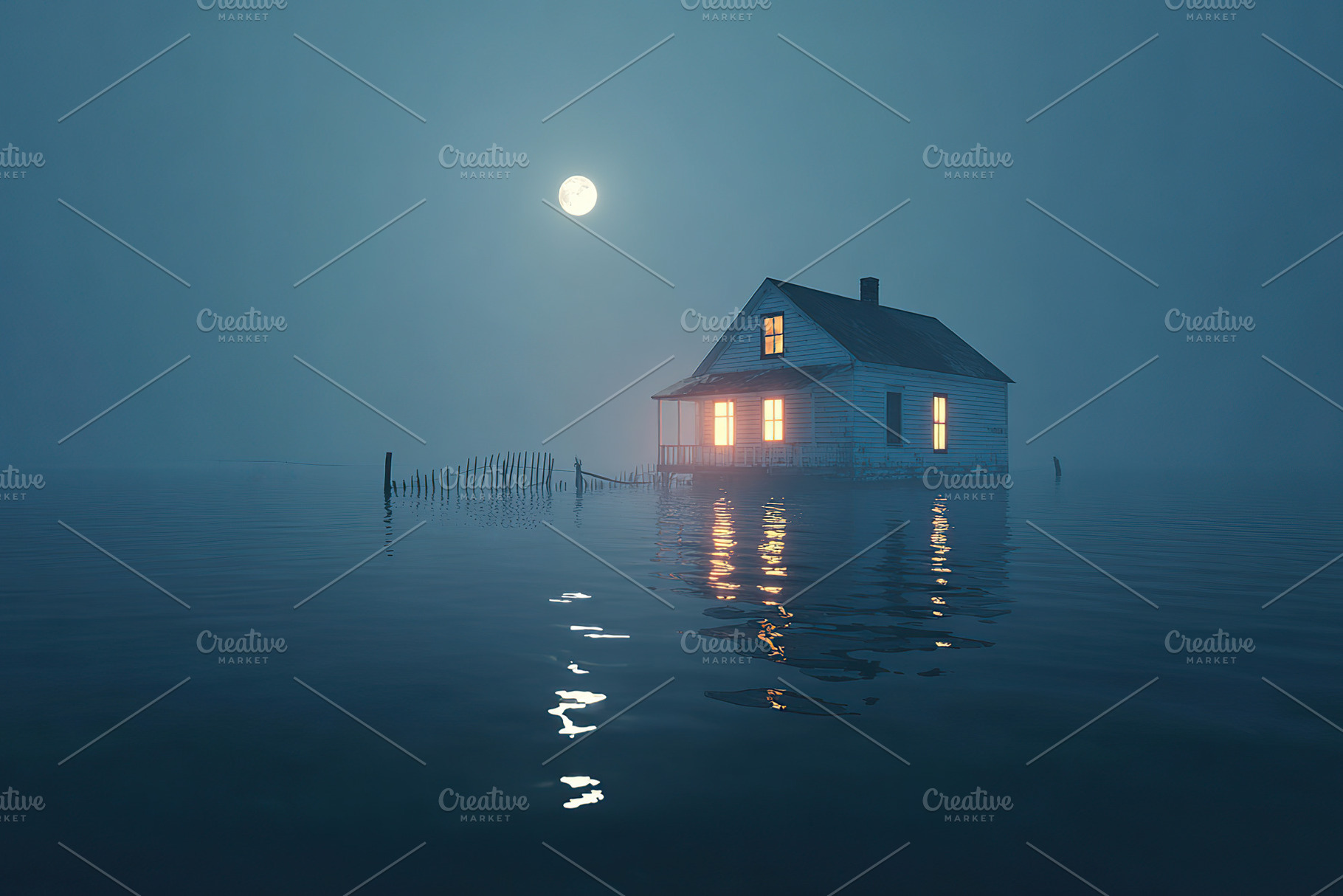 Mysterious house surrounded by water under a full moon at night, a Photo by AlyaAnd