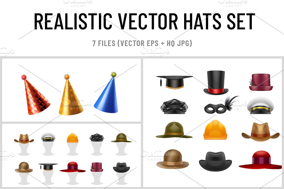 Realistic Vector Hats Set, an Object Graphic by Zonda (Photo 1 of 8)