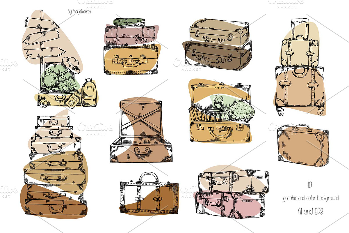 Watercolor Suitcases Collection, an Object Illustration by MayaNavits (Photo 5 of 6)