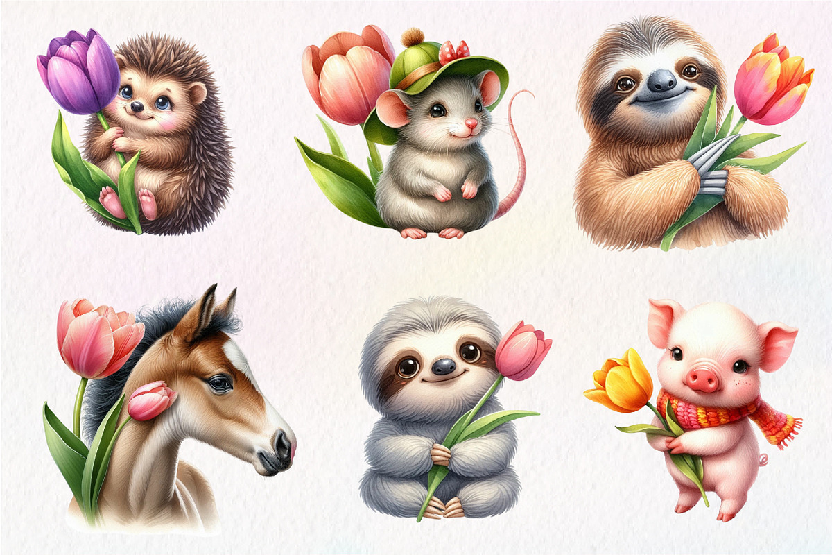 Cute Animals Tulip Flower Clipart, an Illustration by Dream Creation (Photo 6 of 7)