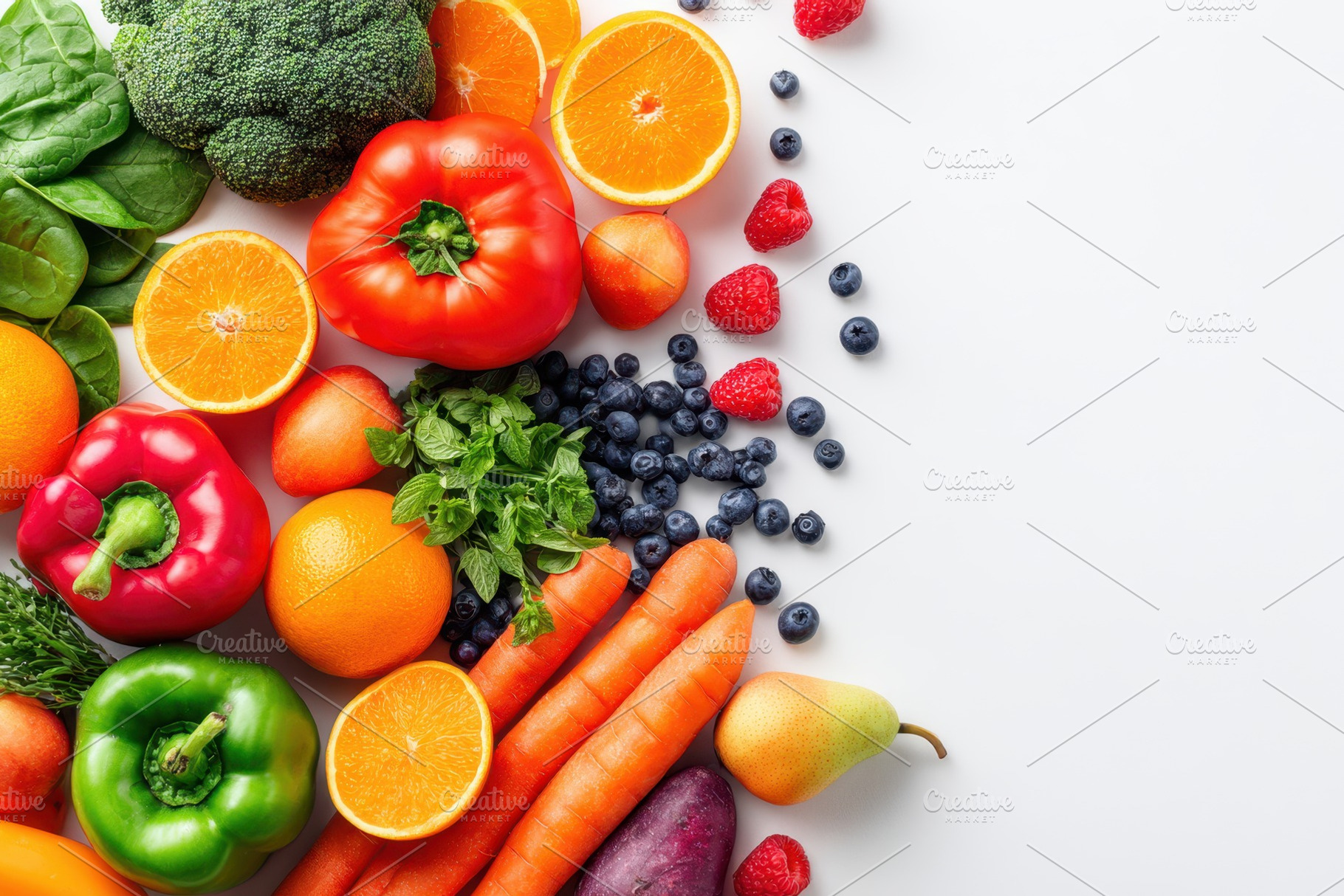 Colorful fresh produce flat lay on white background, a Food & Drink Photo by AlyaAnd