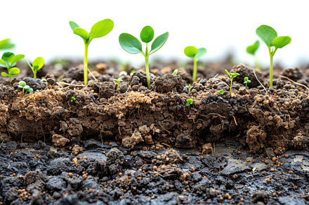 Close-up of soil with young green plants on a white background, a Photo by AS photostudio