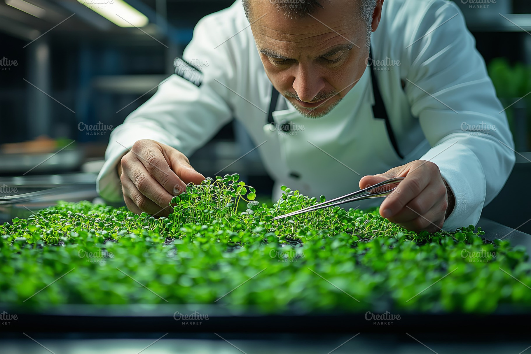 A focused male chef carefully tending to microgreens in a modern kitchen., a Person Photo by ImageMir
