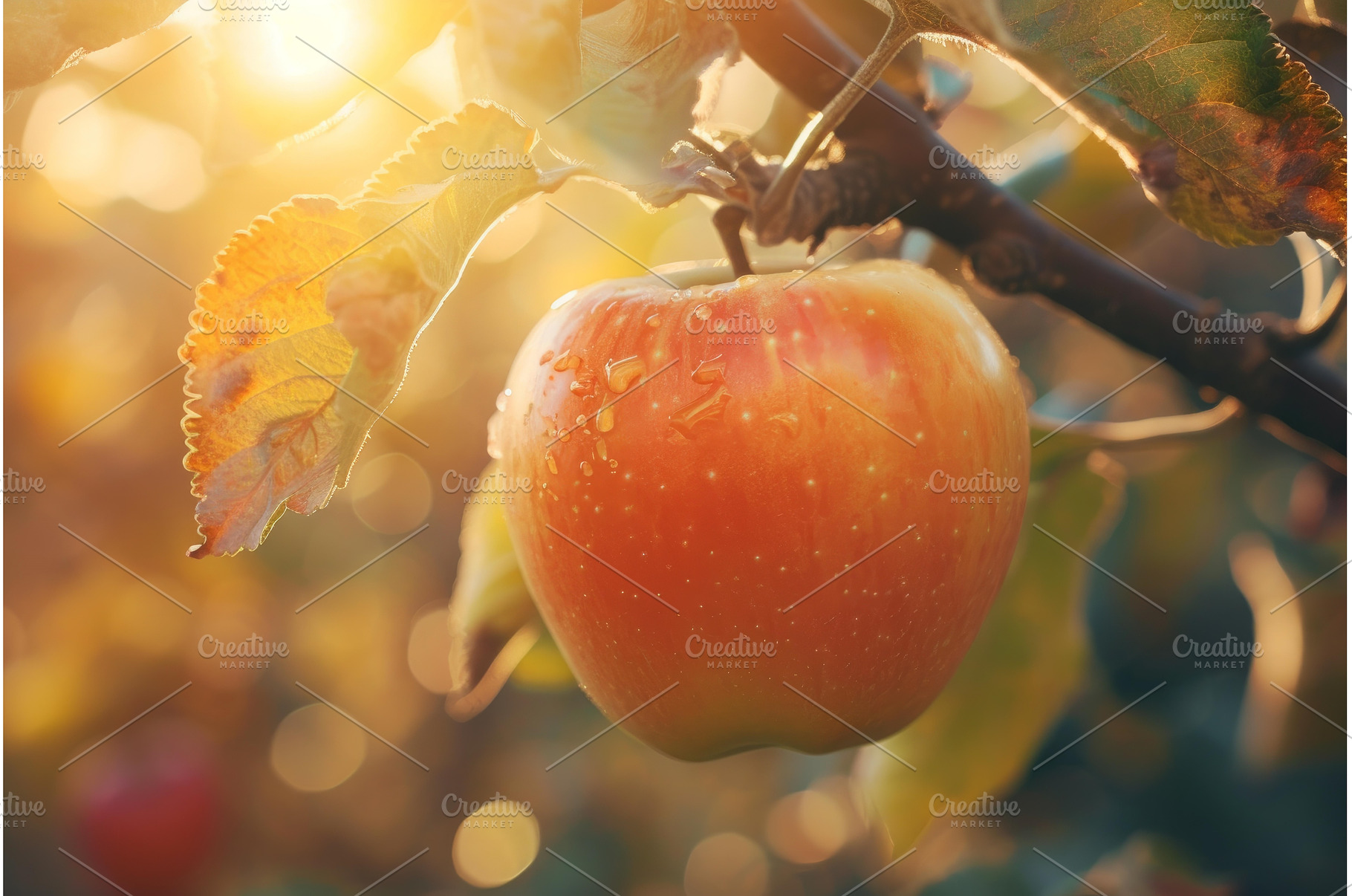 Sunlit dewy apple on tree branch, a Food & Drink Photo by Ylivdesign