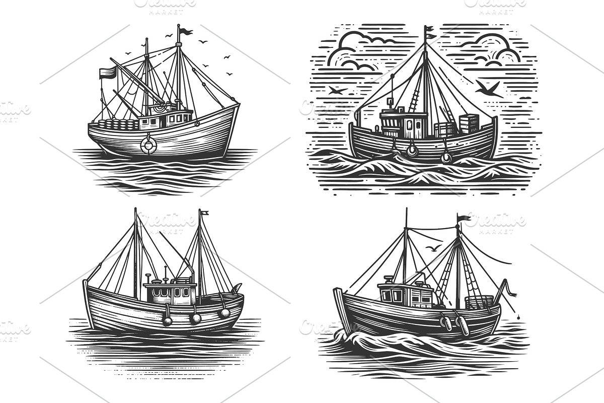 Fishing Boat engraving set vector, a Transportation Illustration by AlexArt