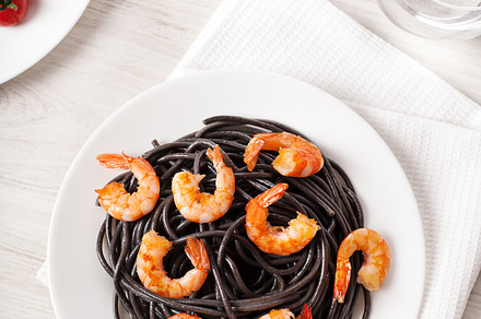 Black Italian Pasta With Shrimps Food On Dark Background Featuring preview 5