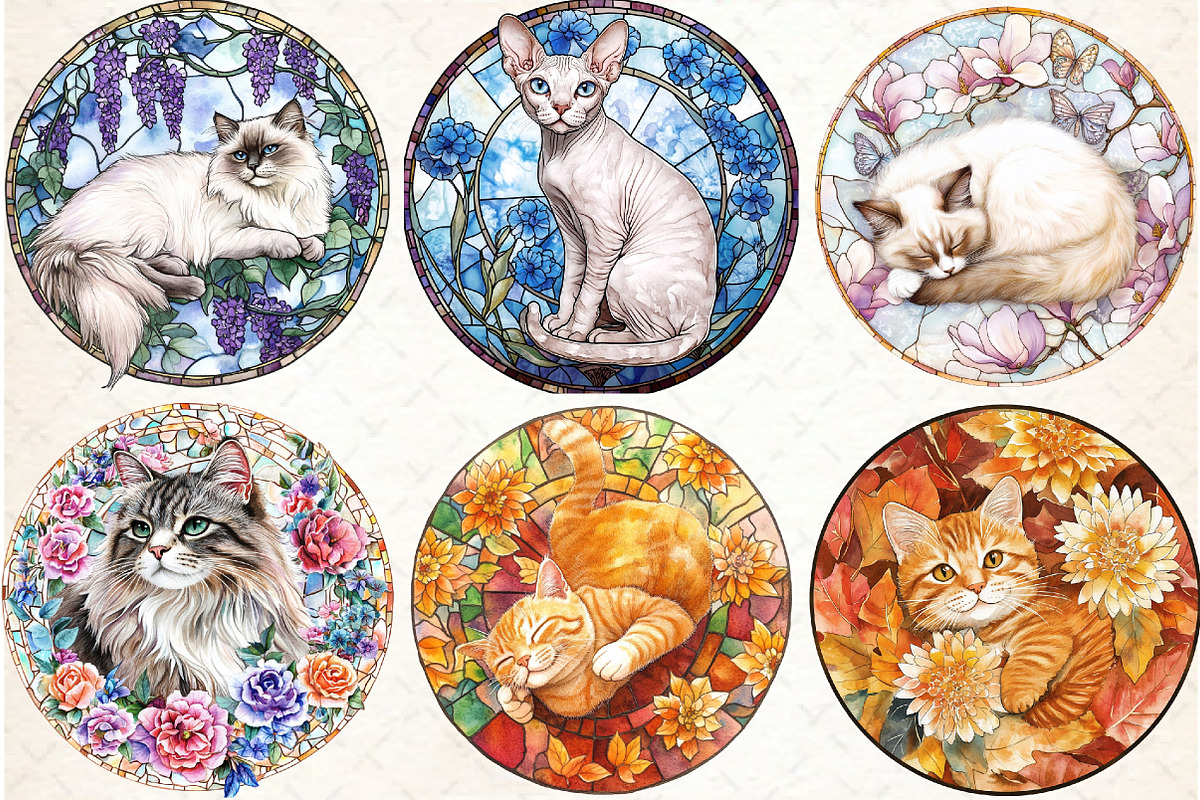 Cat Floral Stained Glass Clipart, an Illustration by Watercolor design (Photo 2 of 4)