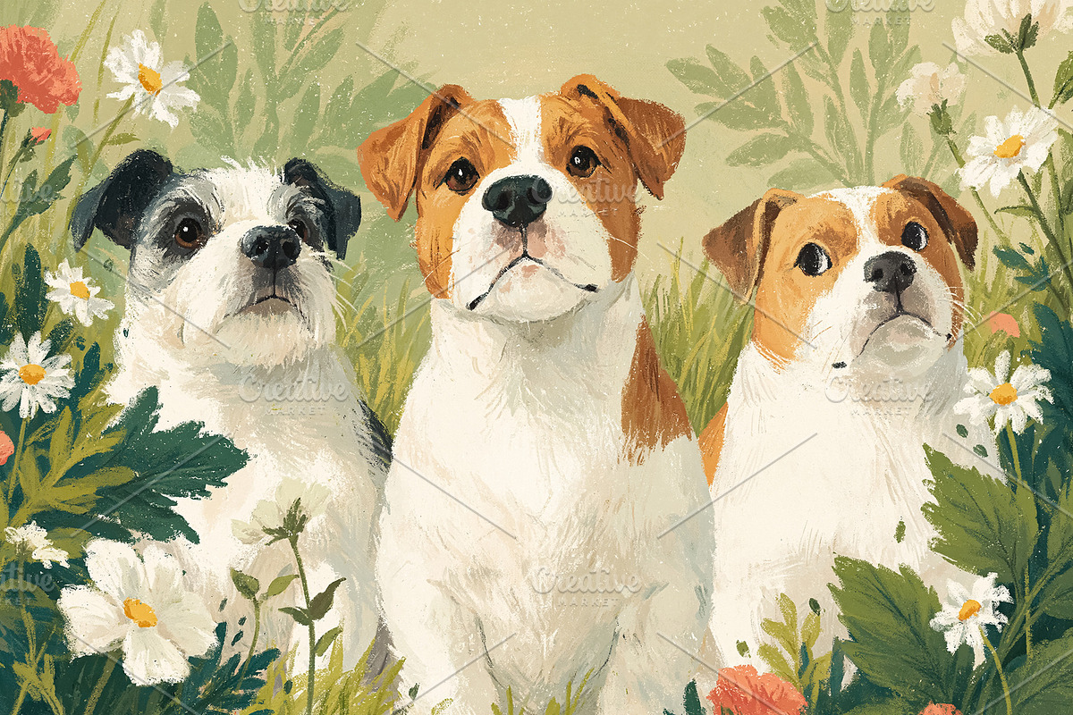 Three happy puppy dogs sitting in a summer meadow, surrounded by colorful wildf, an Illustration by Studio ANNA (Photo 1 of 2)