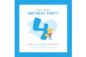 Happy 4th Birthday Invitation Card, an Illustration by TopVectors