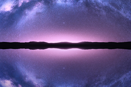 Milky Way arch reflected in water. Night landscape, a Nature Photo by den-belitsky