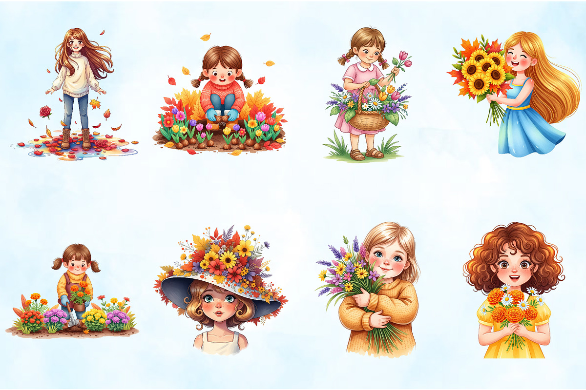 Girls with Fall Flowers Clipart, an Illustration by Craft Nest (Photo 5 of 6)