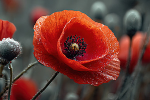 Vibrant red poppy flower with dew drops, closeup against a soft, an Animal Photo by Ales Munt